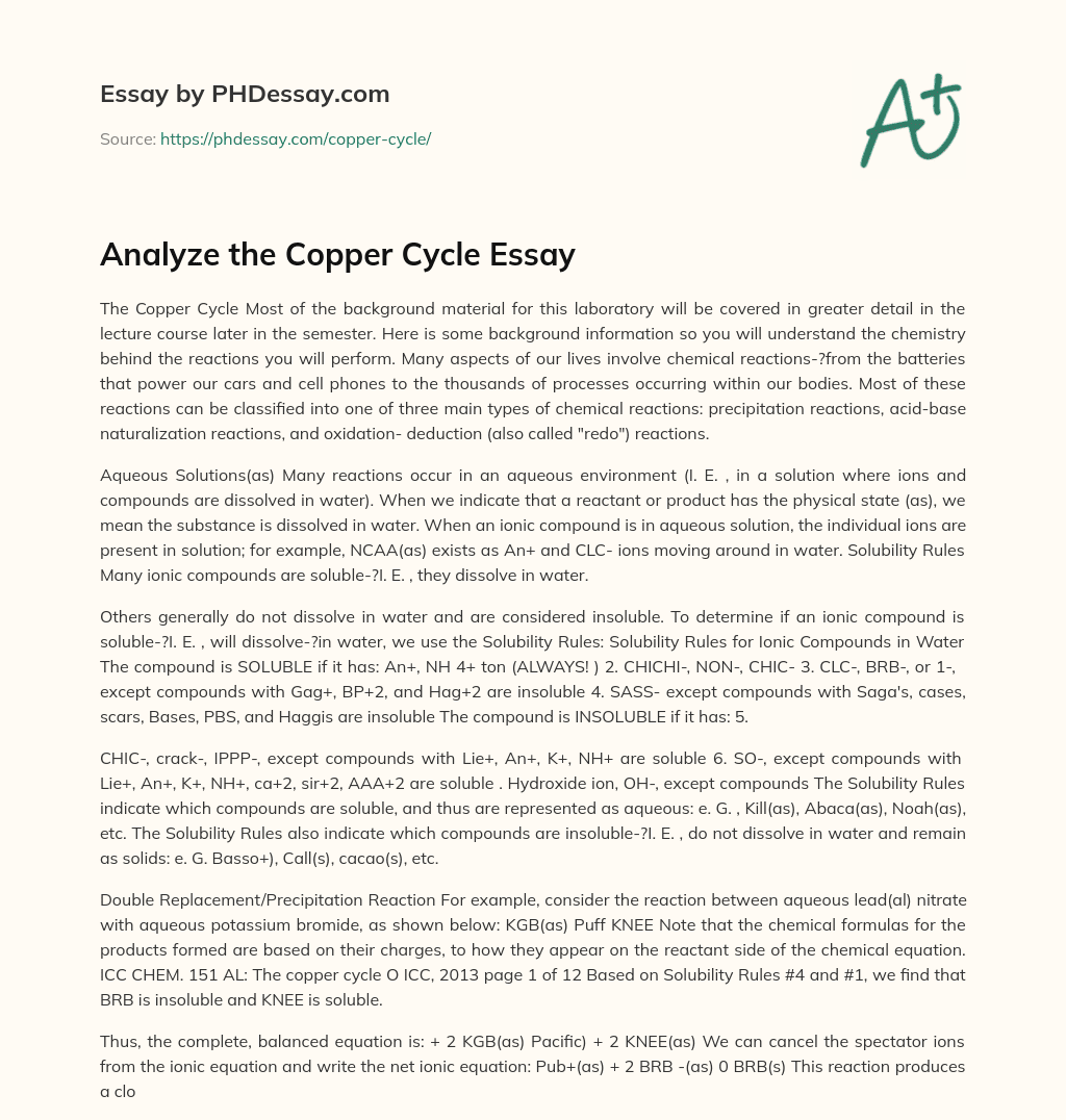 The Chemistry of Chemical Reactions in Aqueous Solutions: The Copper Cycle essay