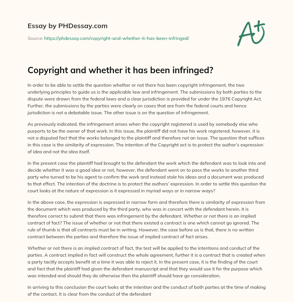 Copyright and whether it has been infringed? essay