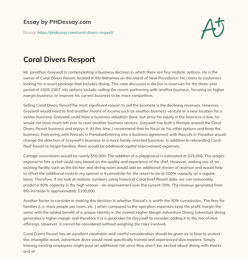 Coral Divers Resport essay