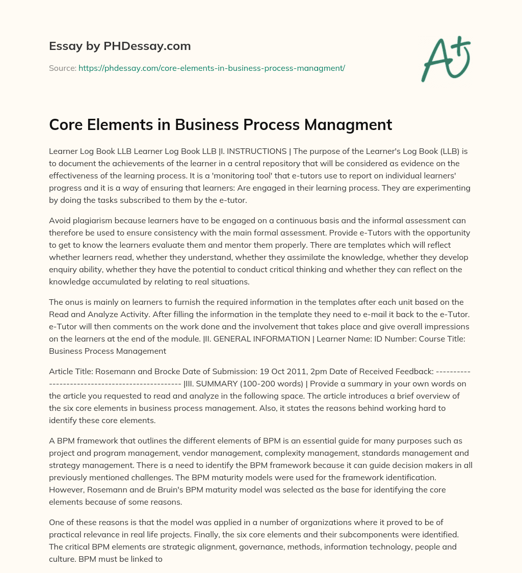Core Elements in Business Process Managment essay