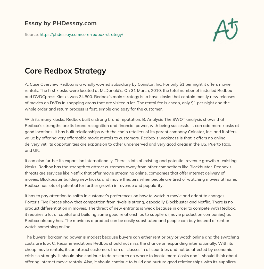 Core Redbox Strategy essay