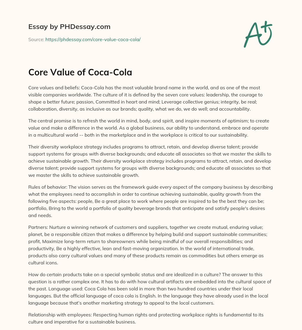 Core Value of Coca-Cola essay