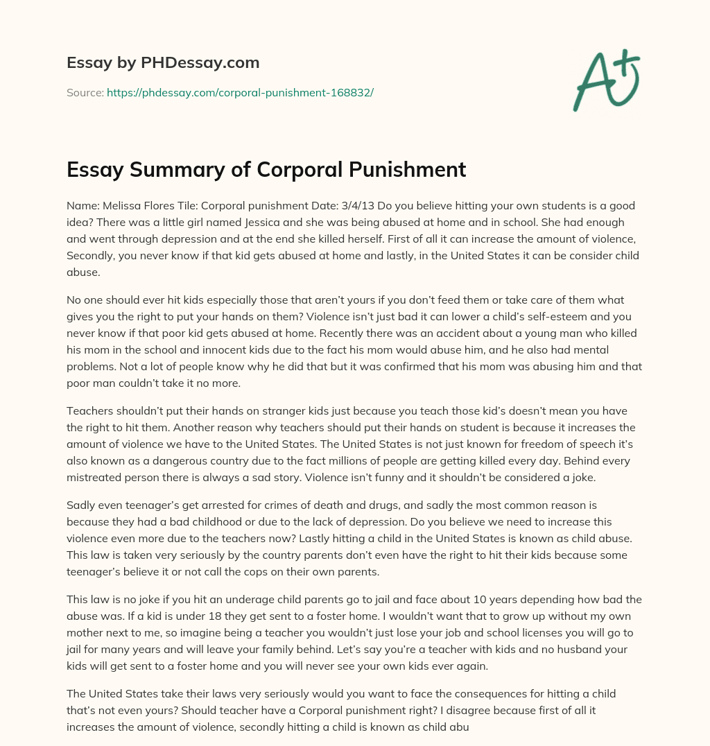 Essay Summary of Corporal Punishment essay
