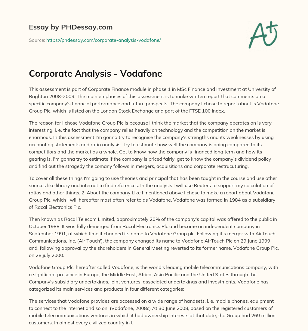 Corporate Analysis – Vodafone essay