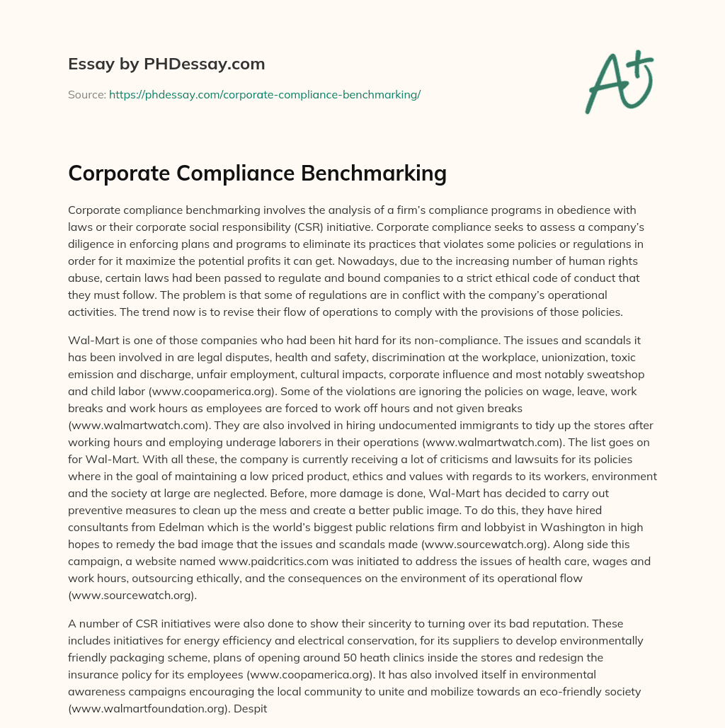 Corporate Compliance Benchmarking essay