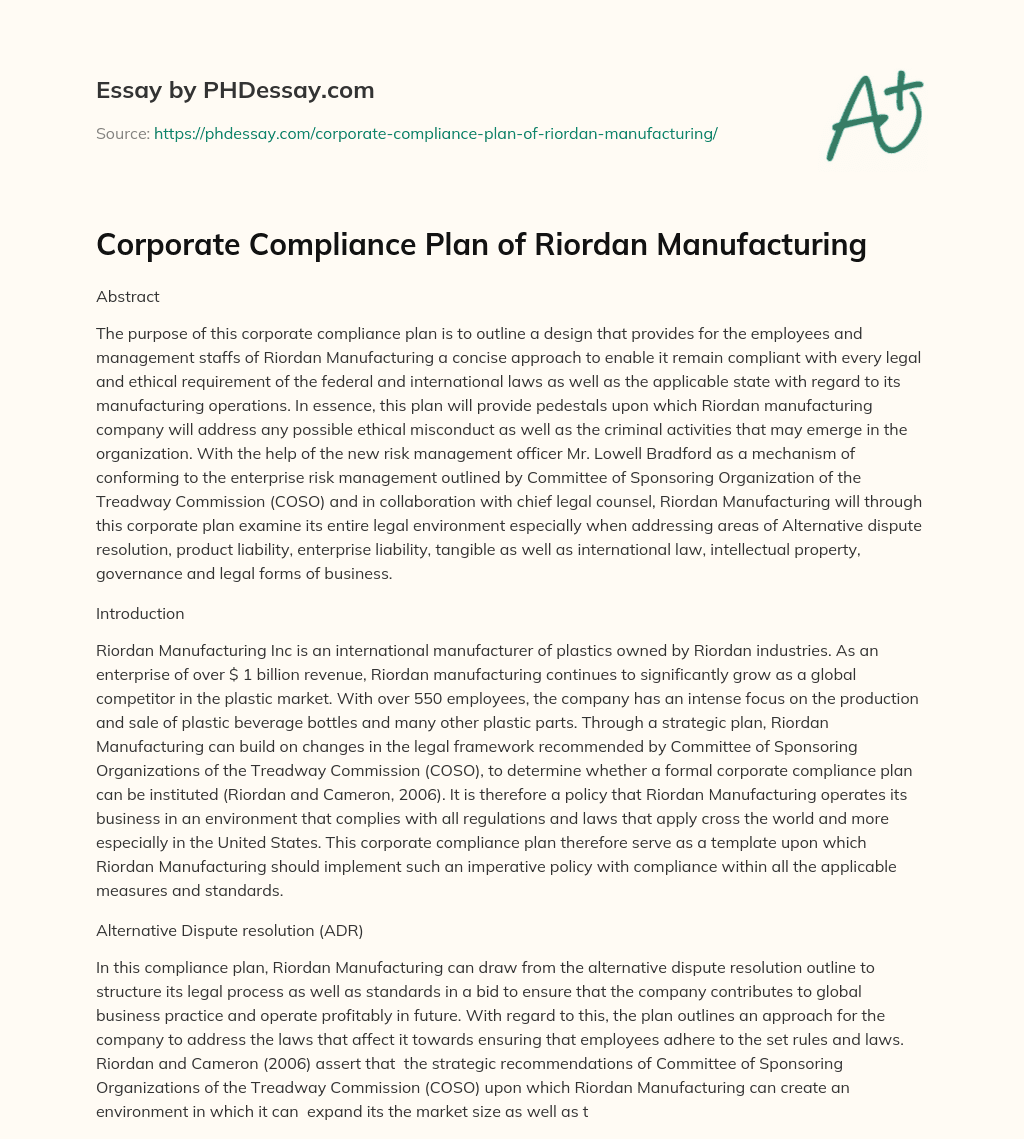 Corporate Compliance Plan of Riordan Manufacturing essay