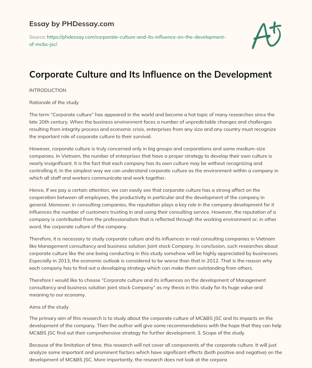 Corporate Culture and Its Influence on the Development essay