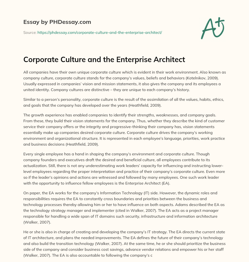 Corporate Culture and the Enterprise Architect essay