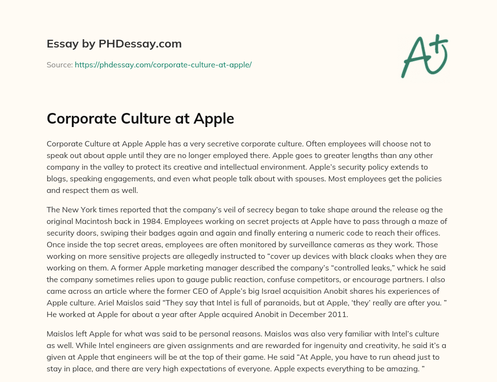 Corporate Culture At Apple 300 Words PHDessay