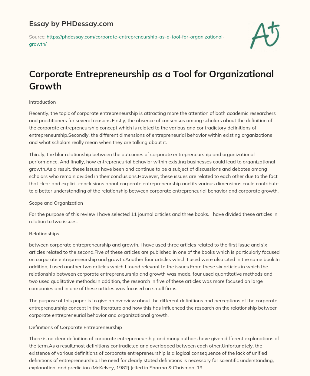 Corporate Entrepreneurship as a Tool for Organizational Growth essay
