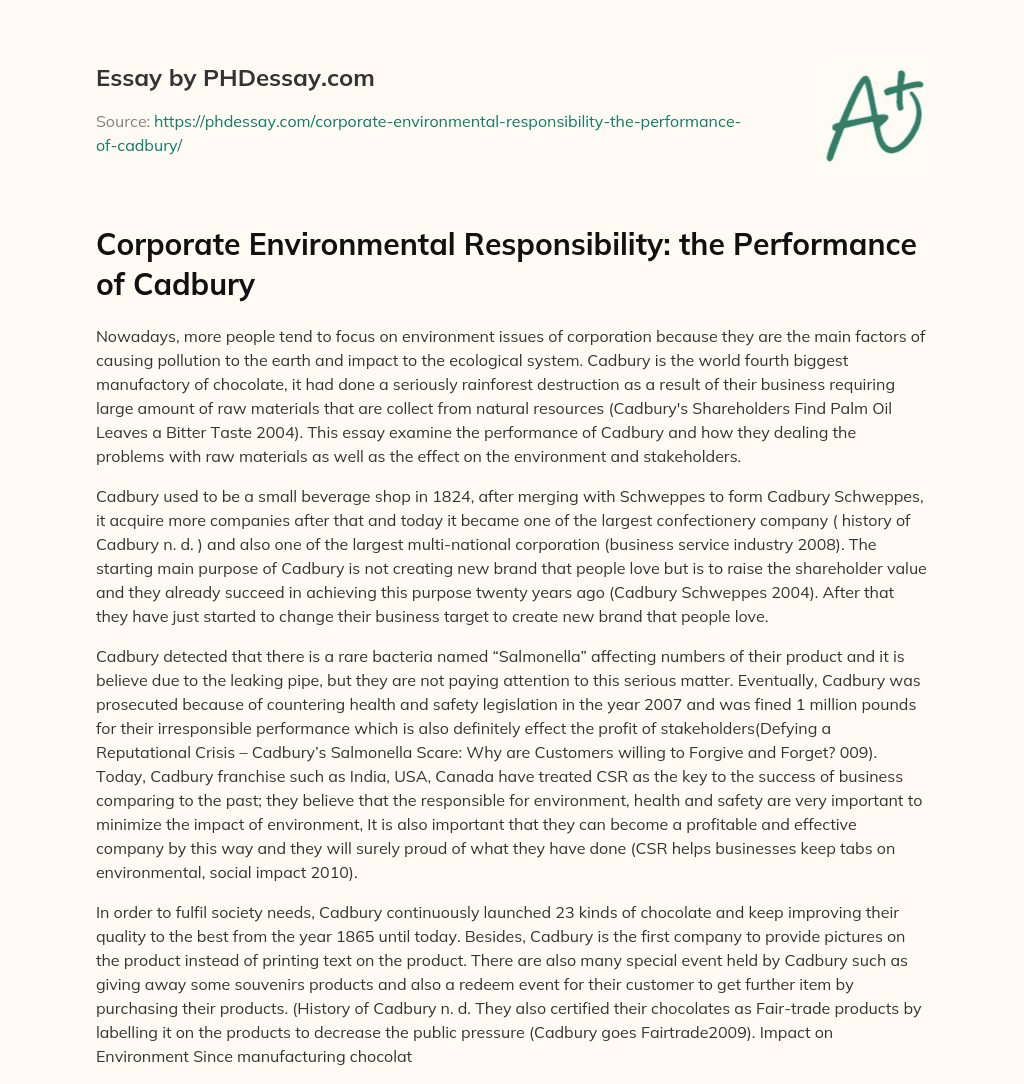Corporate Environmental Responsibility: the Performance of Cadbury essay