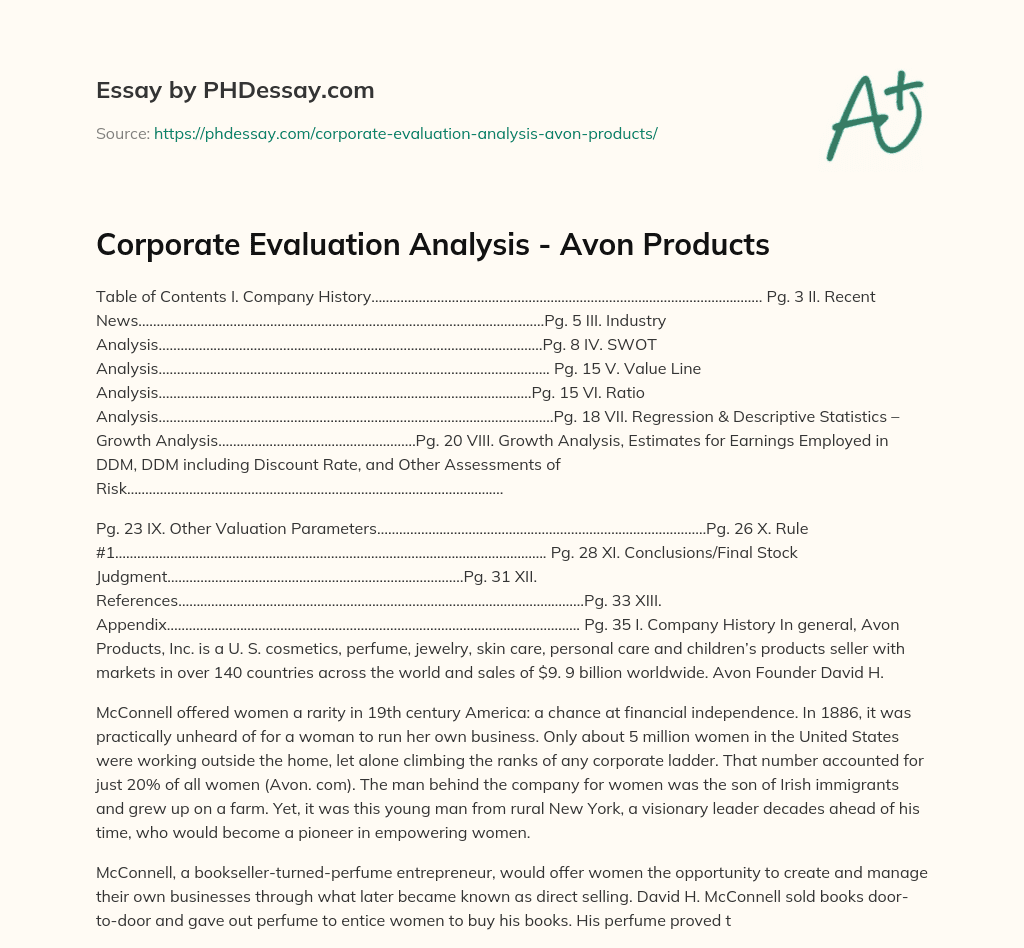 Corporate Evaluation Analysis – Avon Products essay