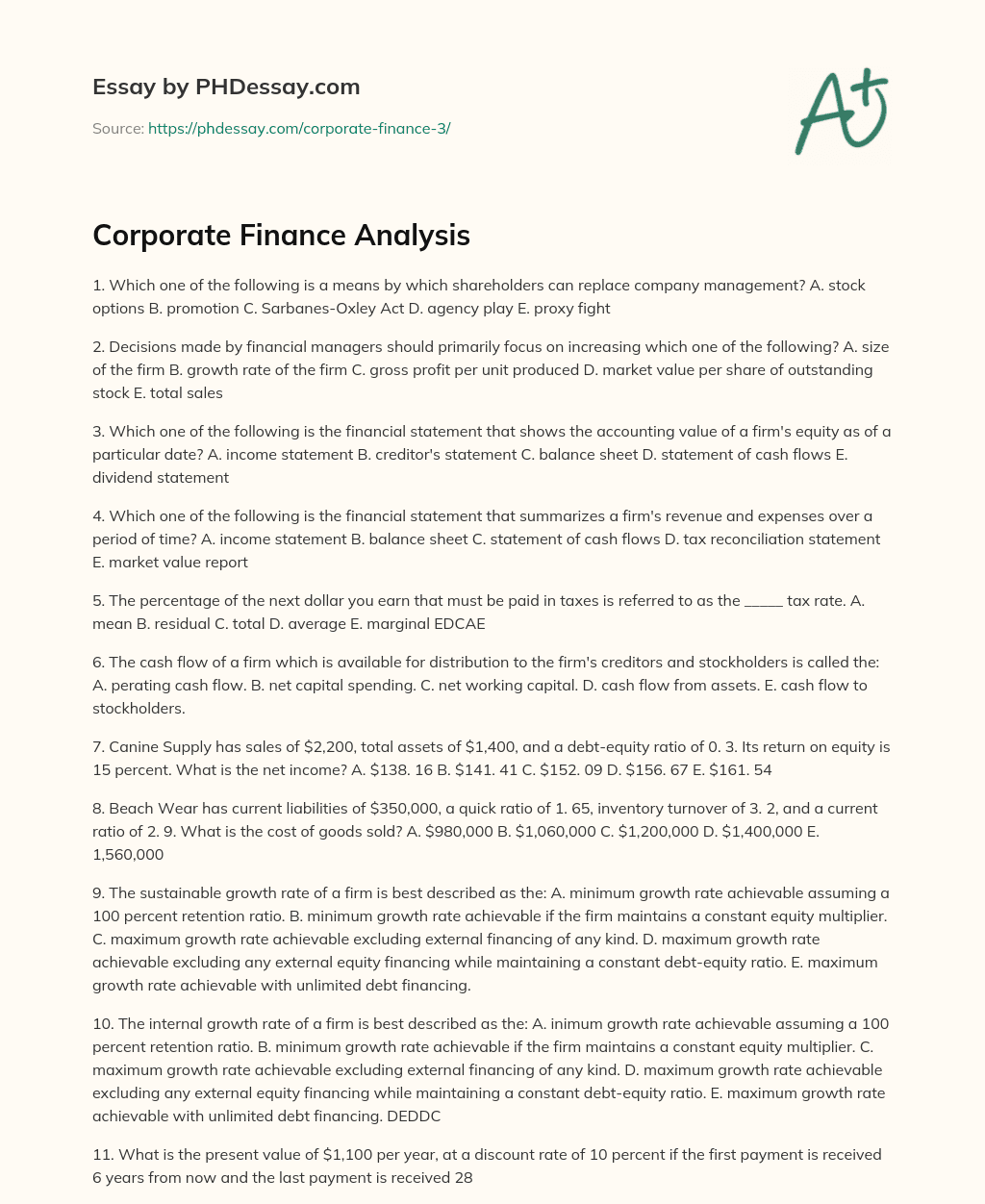 Corporate Finance Analysis essay