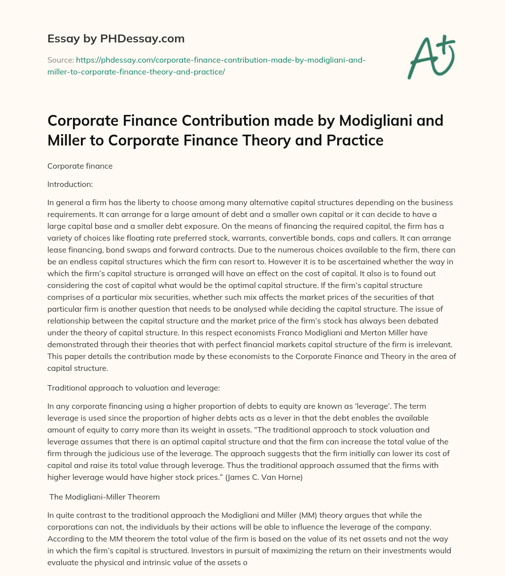 Corporate Finance Contribution made by Modigliani and Miller to  Corporate Finance Theory and Practice essay