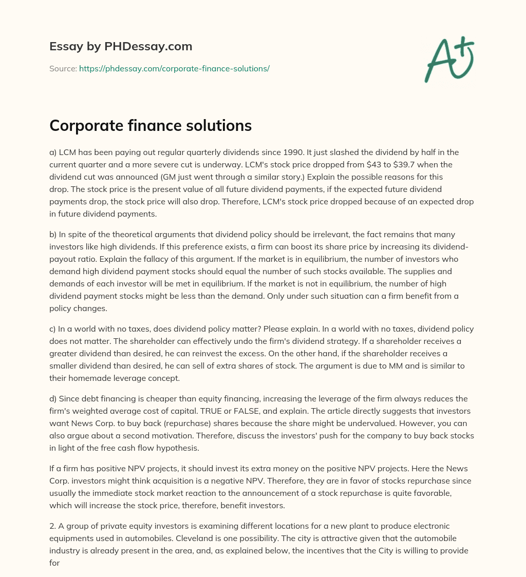 Corporate finance solutions essay