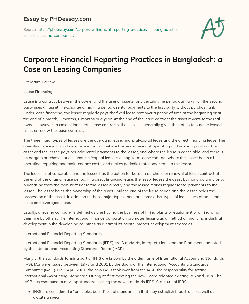 Corporate Financial Reporting Practices in Bangladesh: a Case on Leasing Companies essay