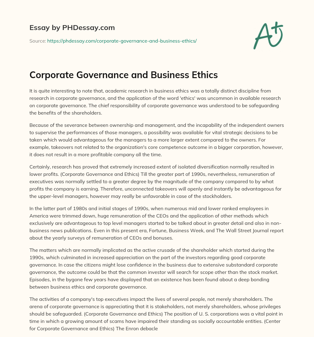Corporate Governance and Business Ethics essay