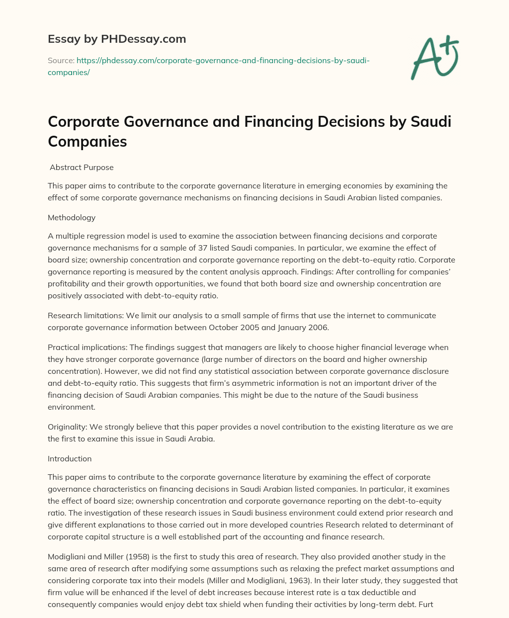 Corporate Governance and Financing Decisions by Saudi Companies essay