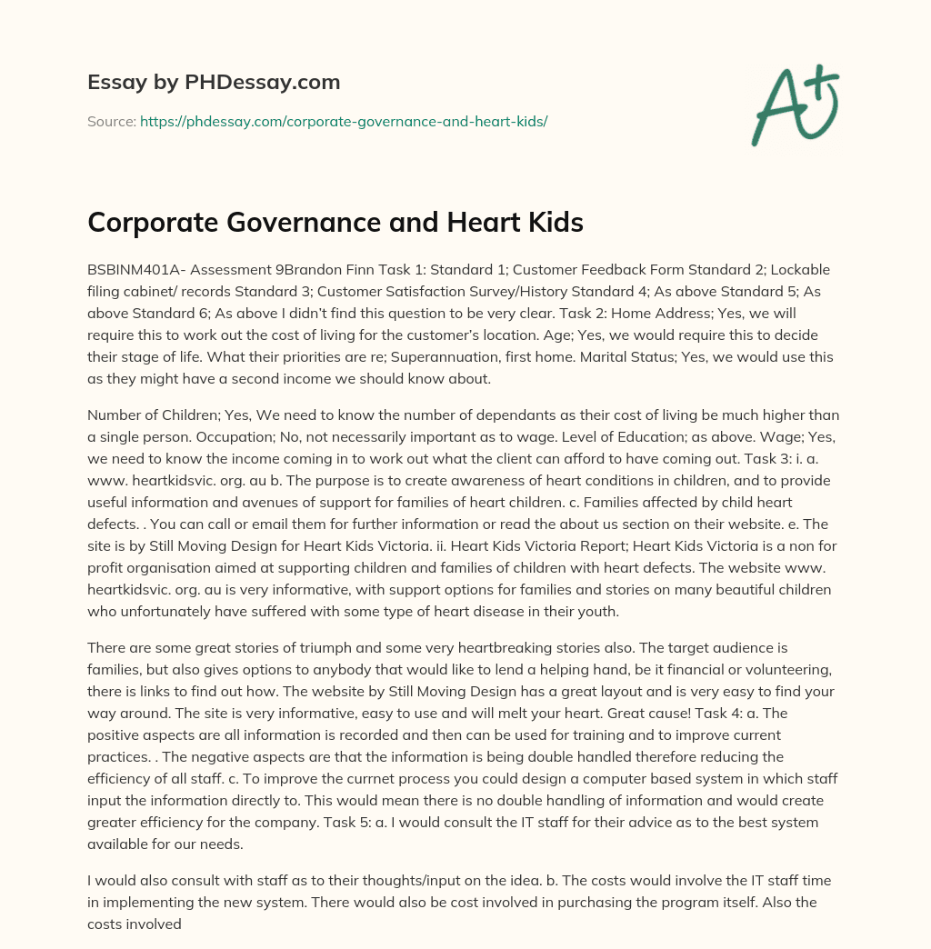 Corporate Governance and Heart Kids essay