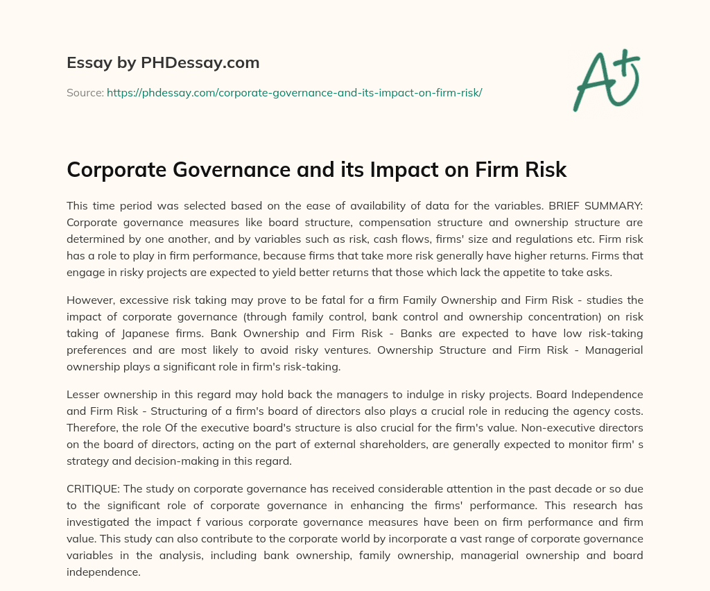 Corporate Governance and its Impact on Firm Risk essay