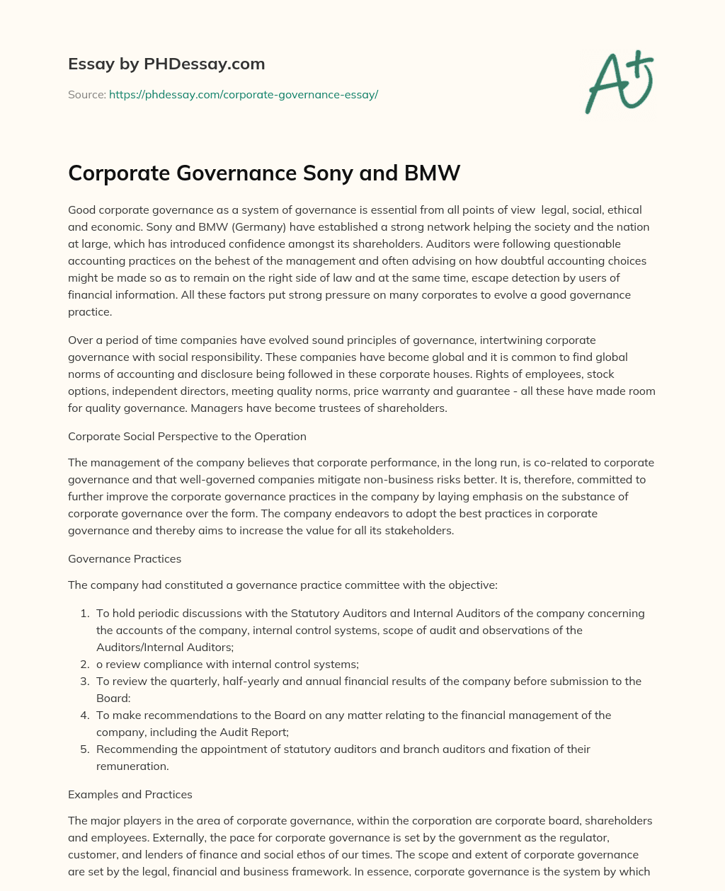 Corporate Governance Sony and BMW essay