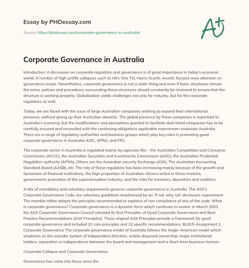 Corporate Governance in Australia essay