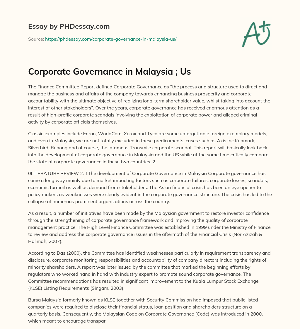 Corporate Governance in Malaysia ; Us essay