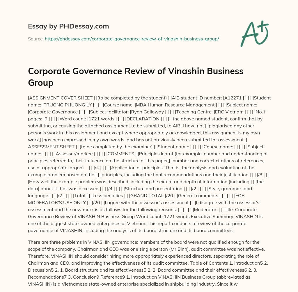 Corporate Governance Review of Vinashin Business Group essay