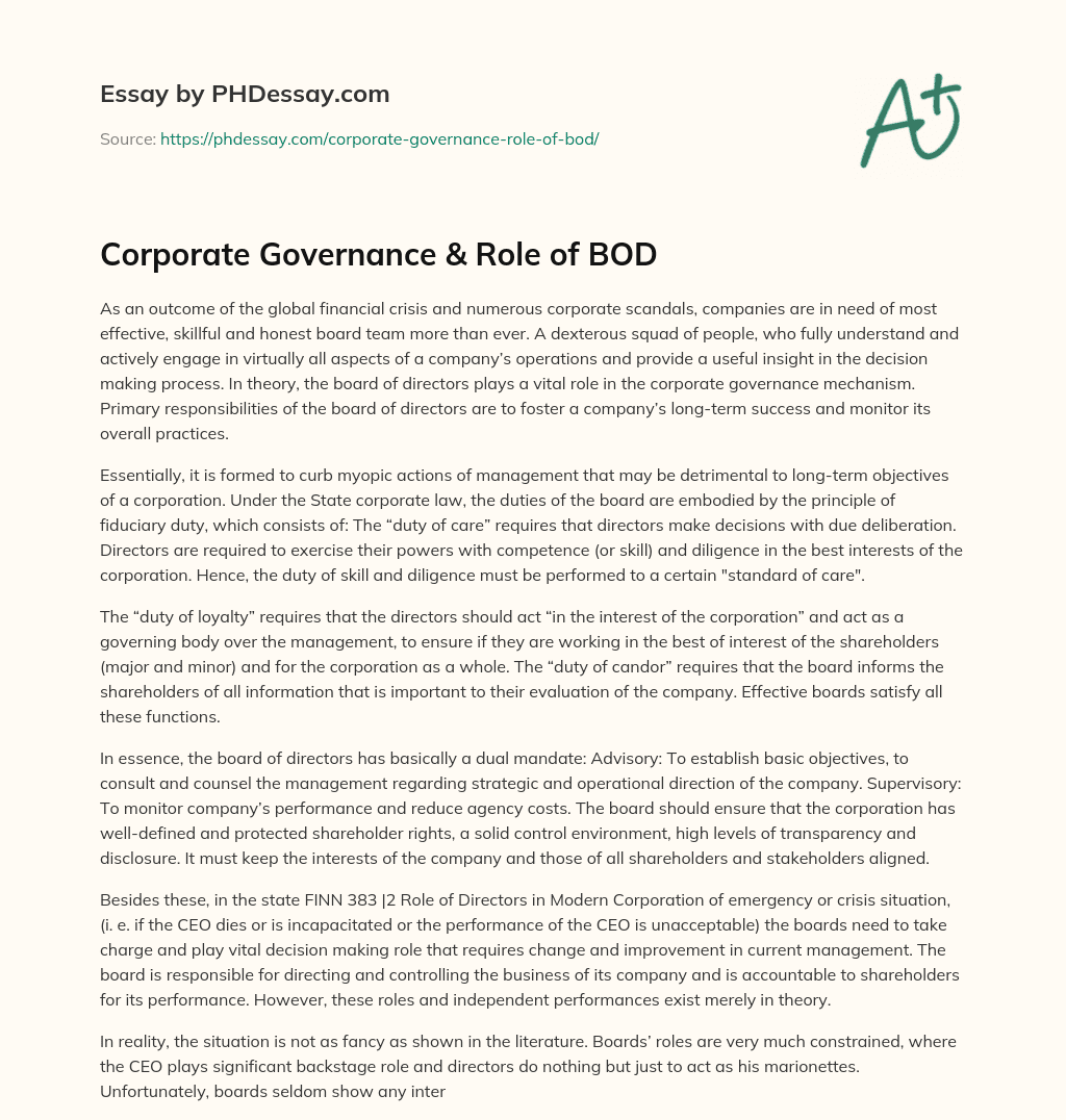 Corporate Governance & Role of BOD essay