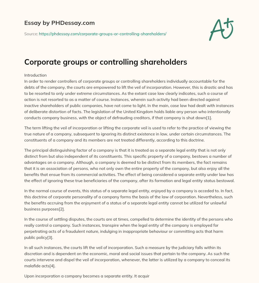 Corporate groups or controlling shareholders essay