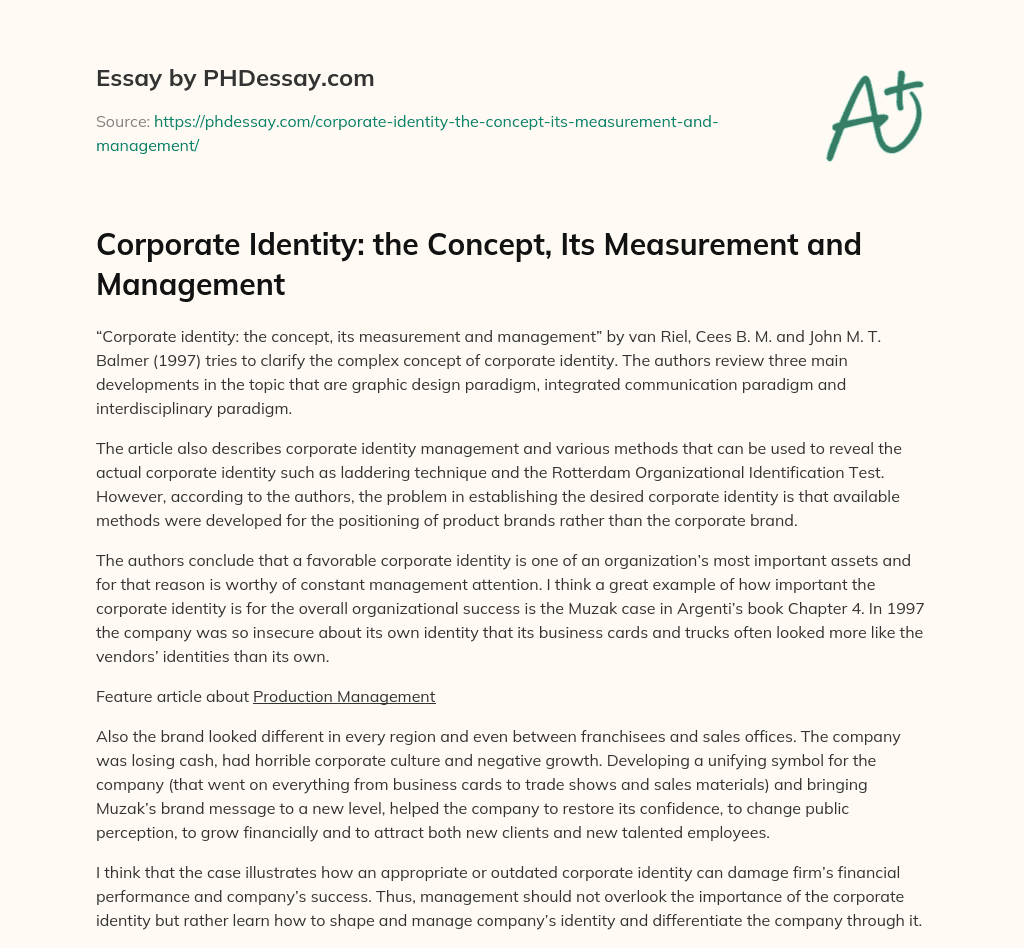 Corporate Identity: the Concept, Its Measurement and Management essay