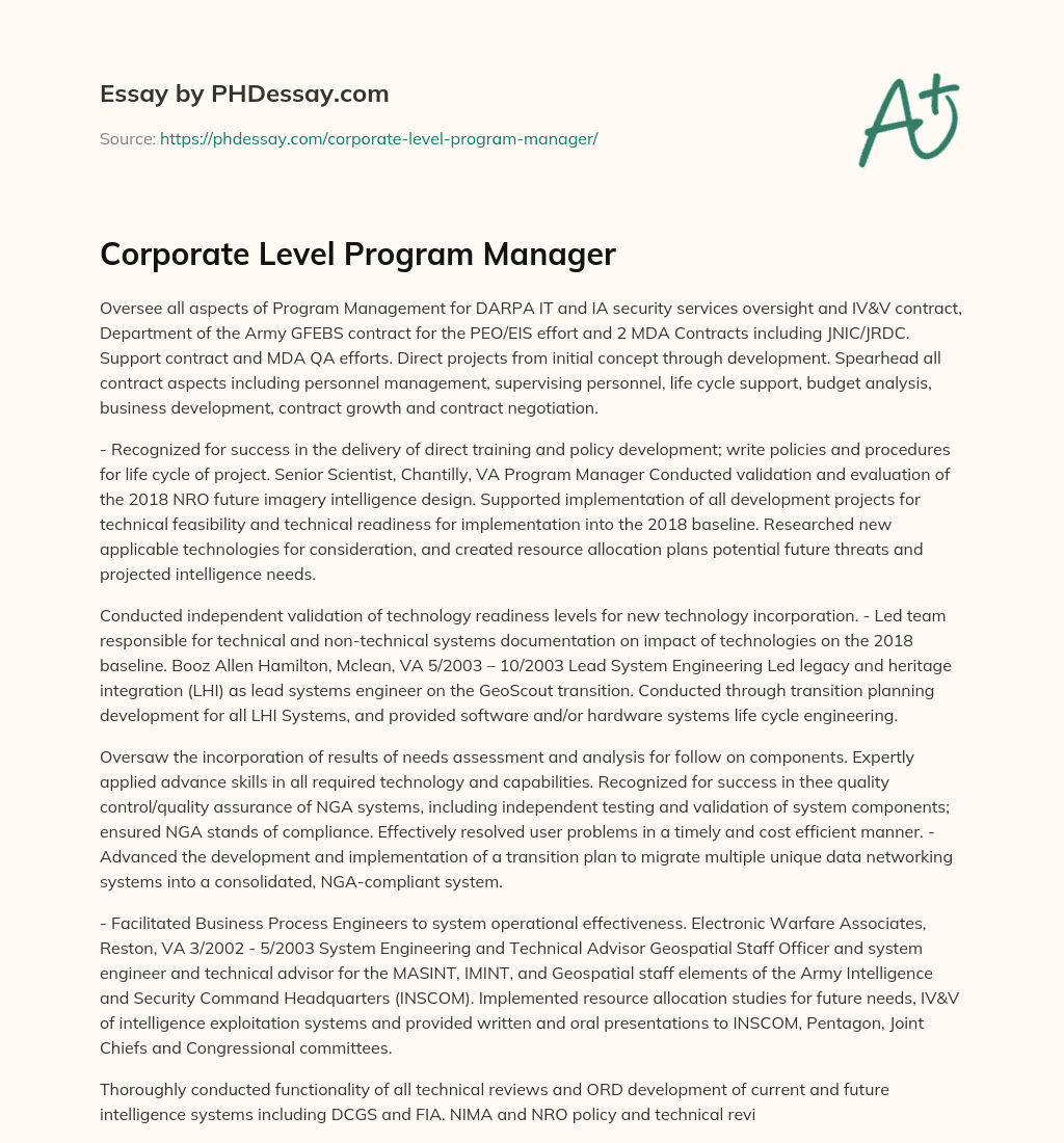 Corporate Level Program Manager essay