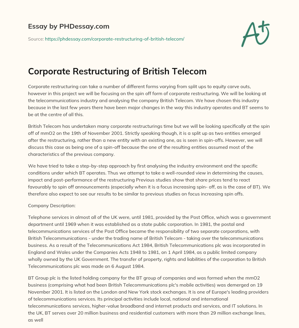 Corporate Restructuring of British Telecom essay