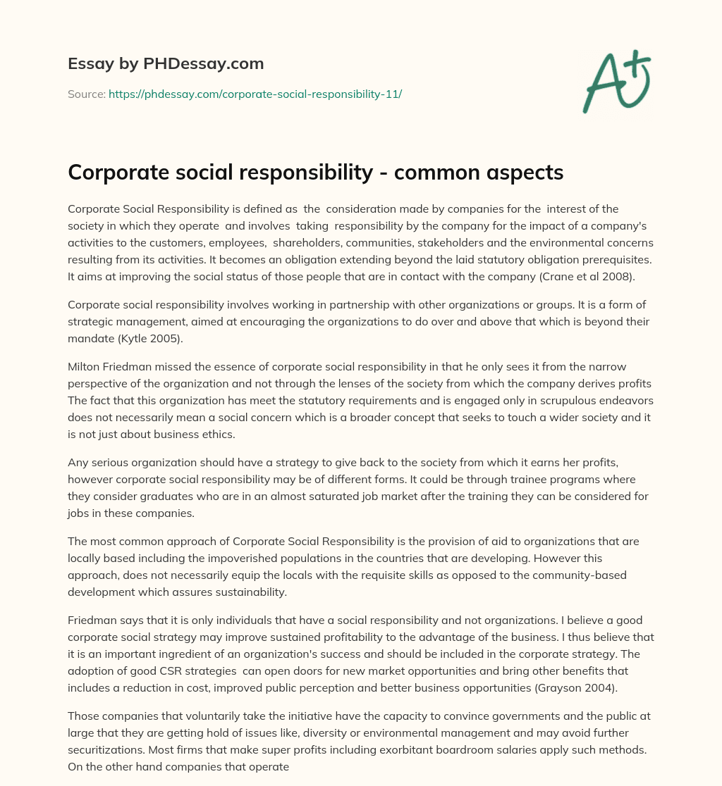 Corporate social responsibility – common aspects essay