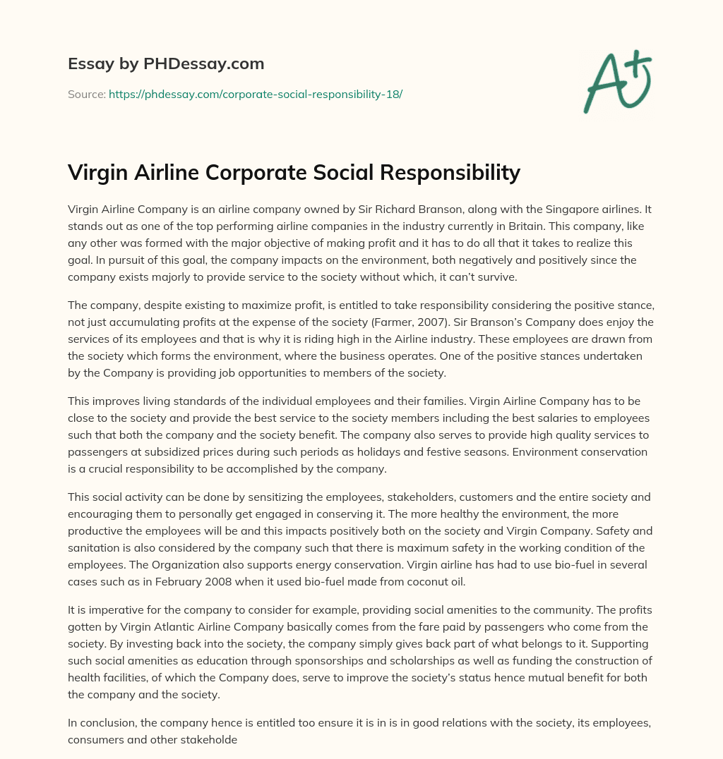 Virgin Airline Corporate Social Responsibility essay