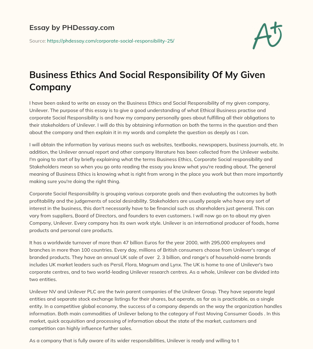 Business Ethics And Social Responsibility Of My Given Company essay