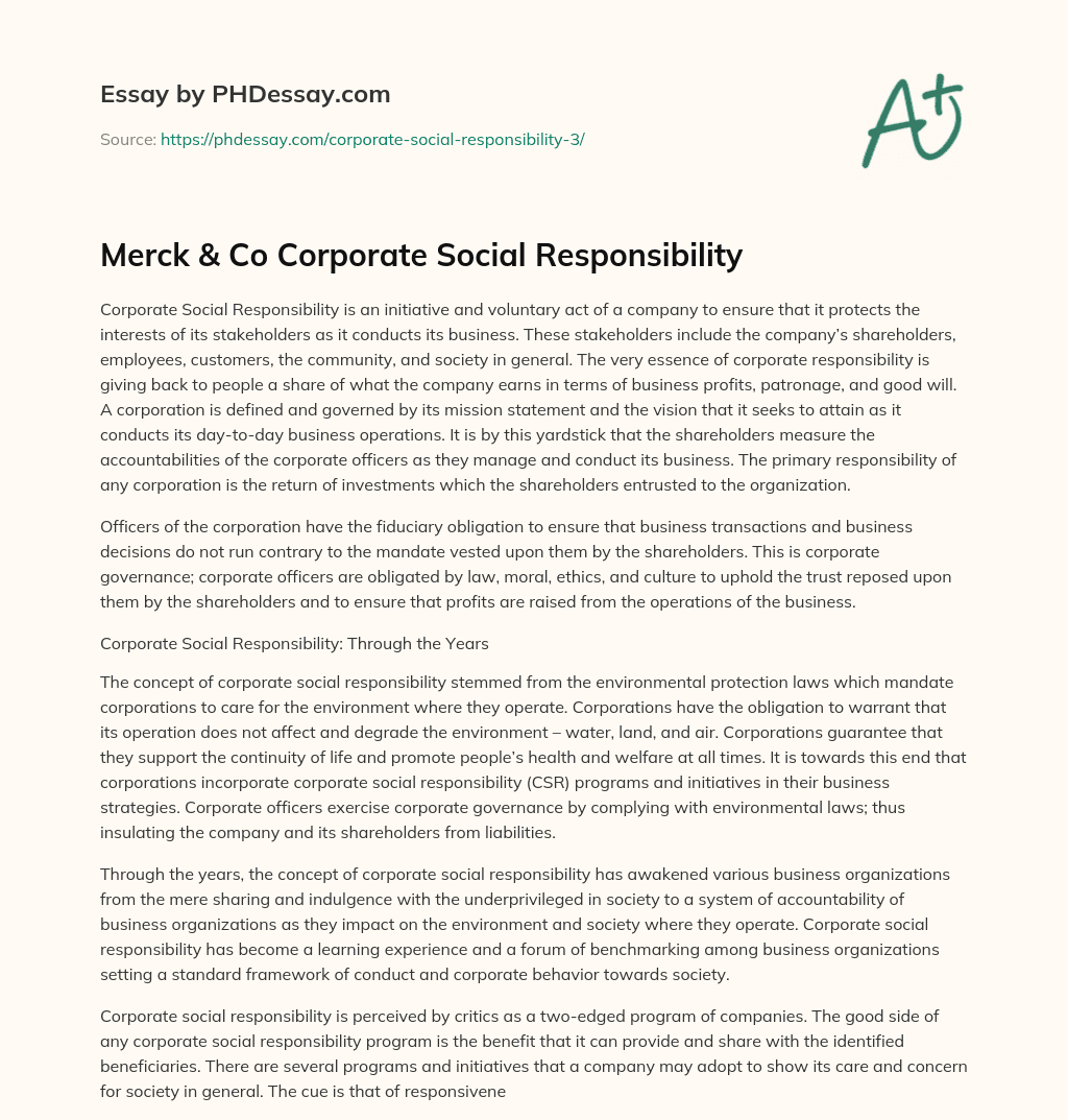 Merck & Co Corporate Social Responsibility essay