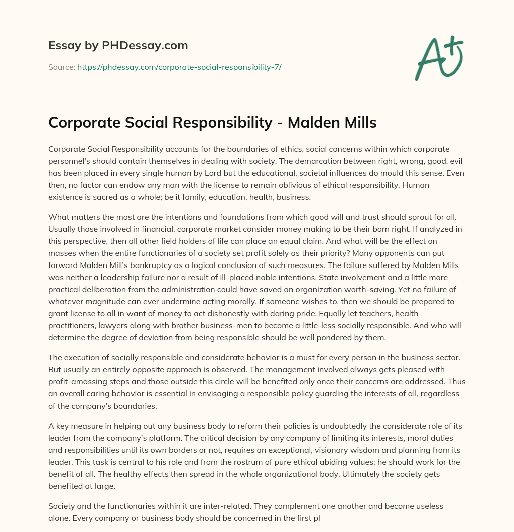 Corporate Social Responsibility – Malden Mills essay