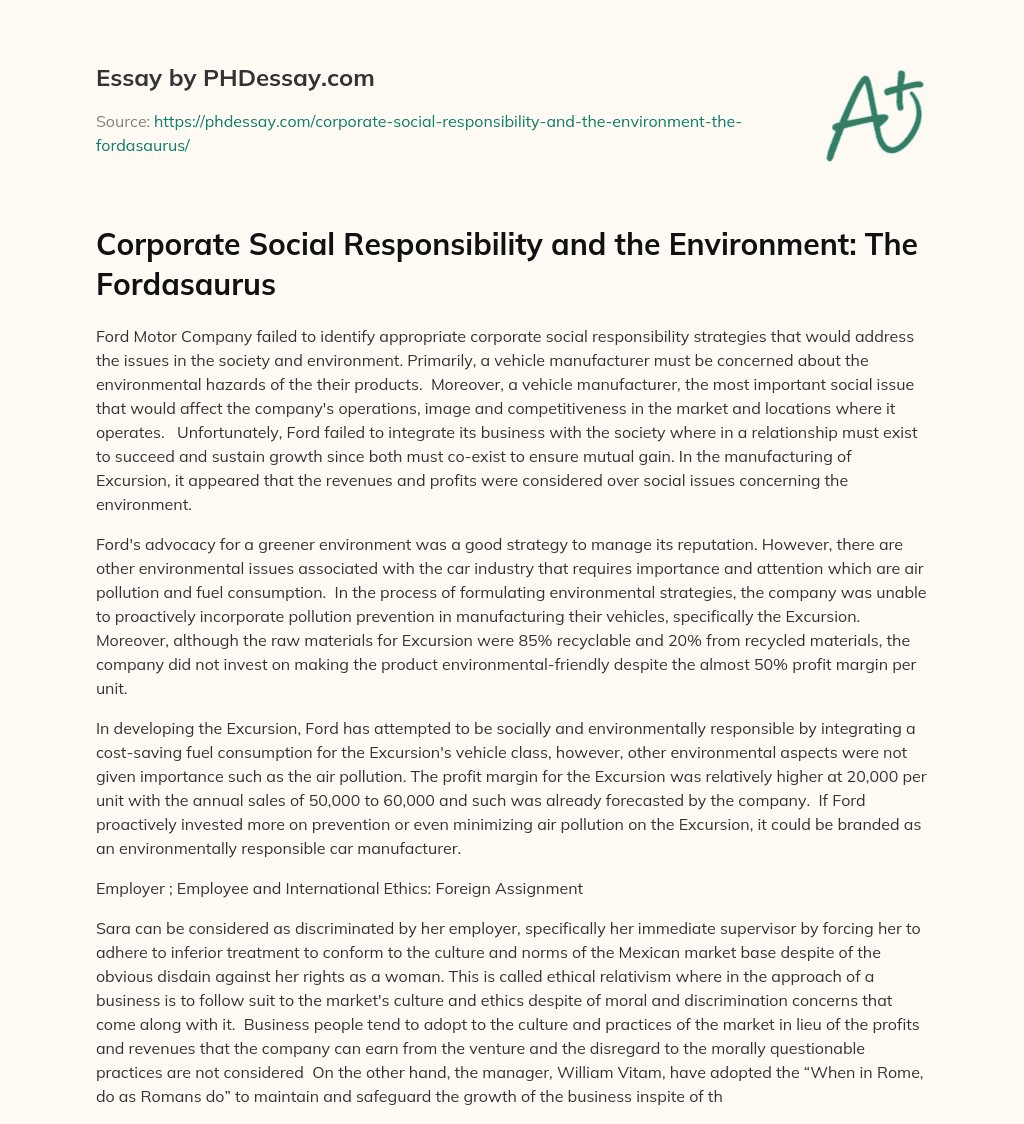 Corporate Social Responsibility and the Environment: The Fordasaurus essay