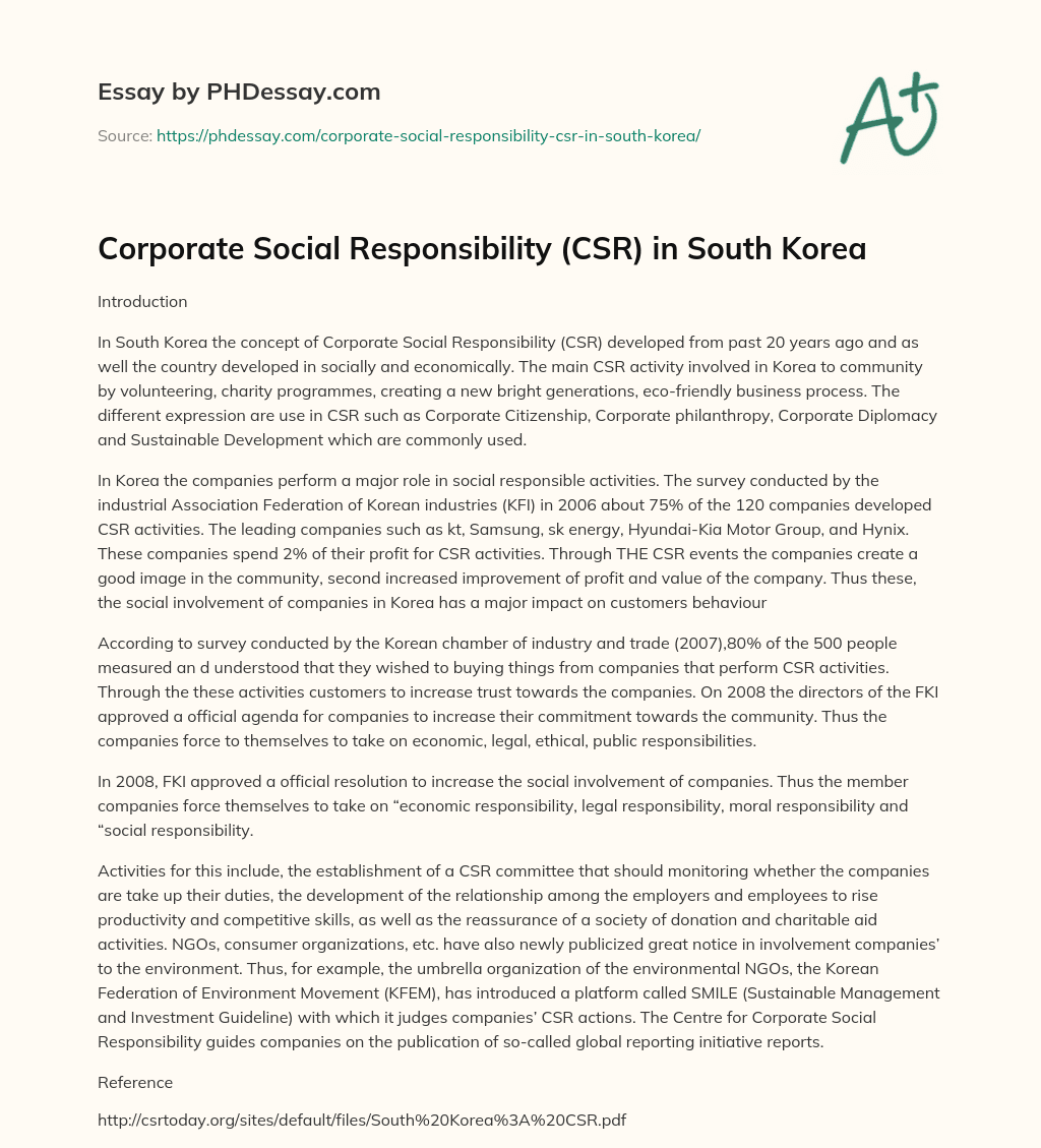 Corporate Social Responsibility (CSR) in South Korea essay