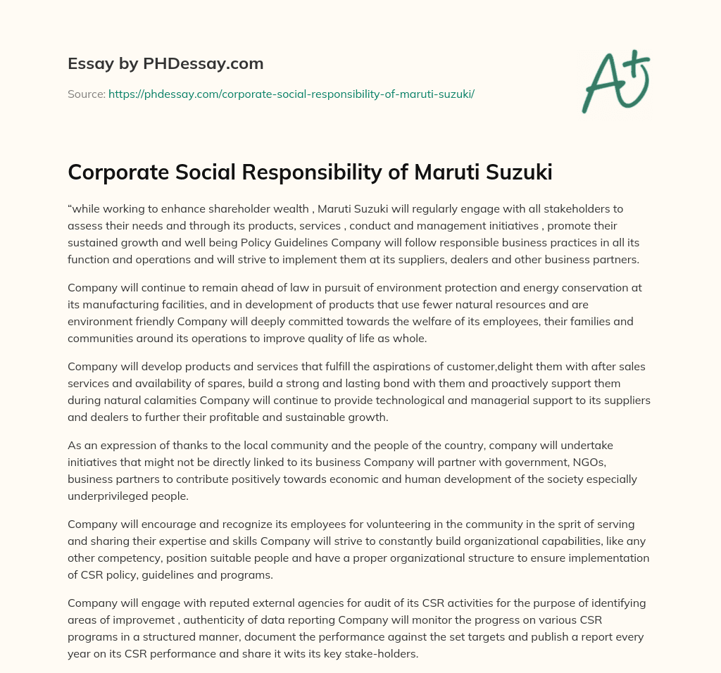 Corporate Social Responsibility of Maruti Suzuki essay
