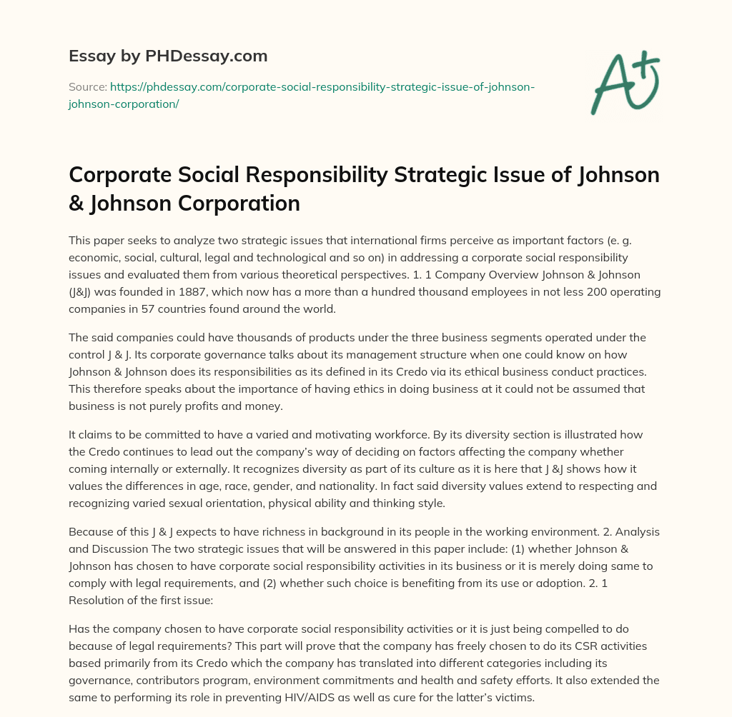 Corporate Social Responsibility Strategic Issue of Johnson & Johnson Corporation essay