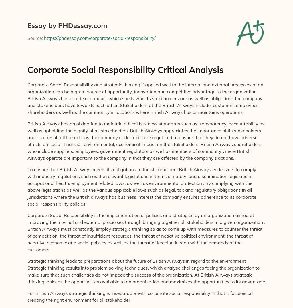 Corporate Social Responsibility Critical Analysis essay