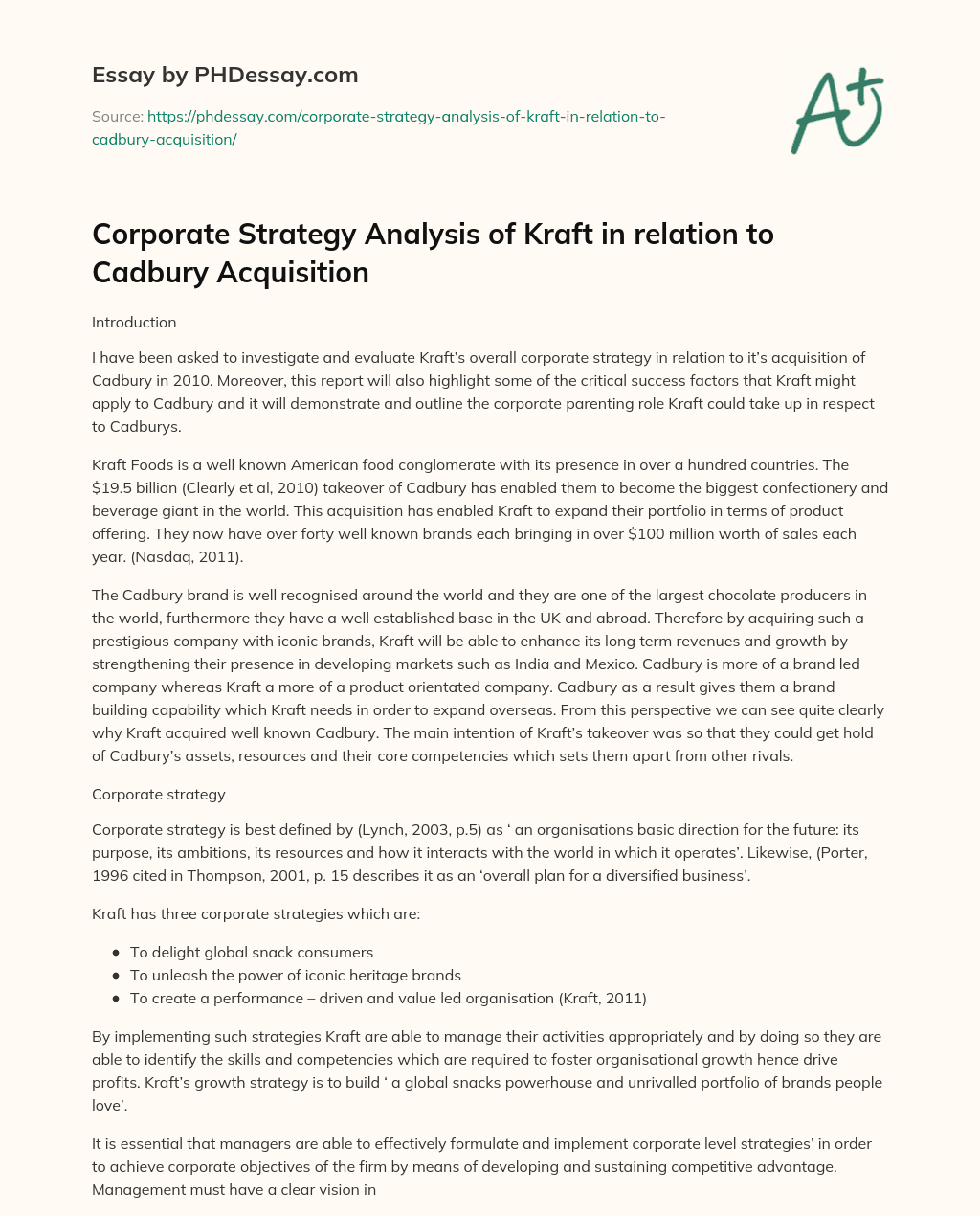 Corporate Strategy Analysis of Kraft in relation to Cadbury Acquisition essay