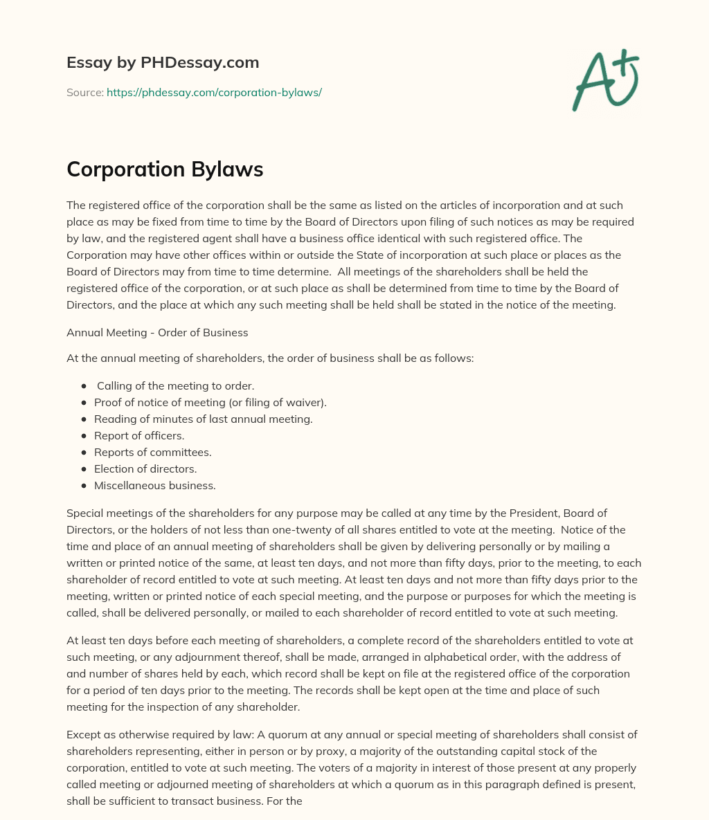 Corporation Bylaws essay