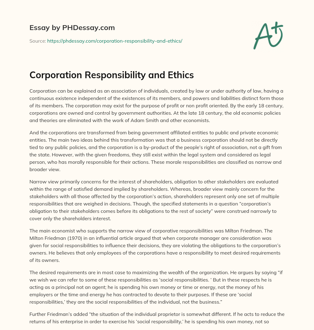 Corporation Responsibility and Ethics essay