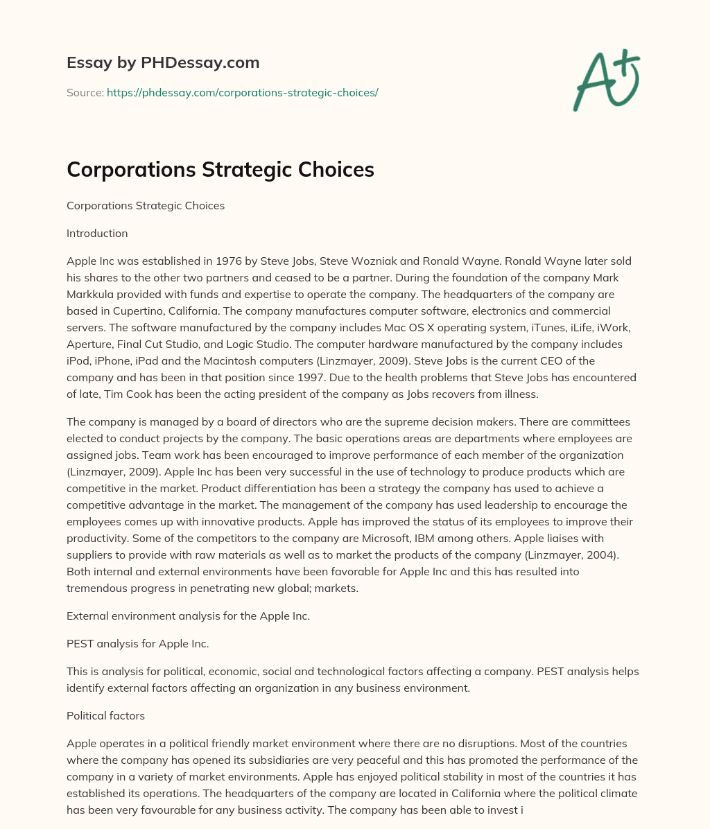 Corporations Strategic Choices essay