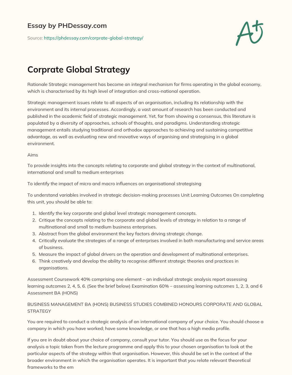 Corprate Global Strategy essay