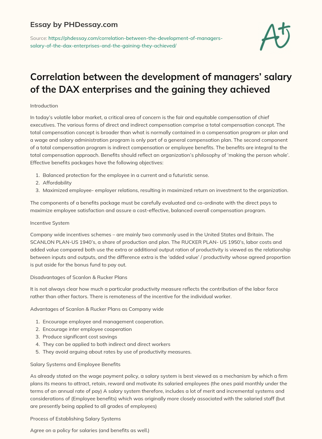 Correlation between the development of managers’ salary of the DAX enterprises and the gaining they achieved essay