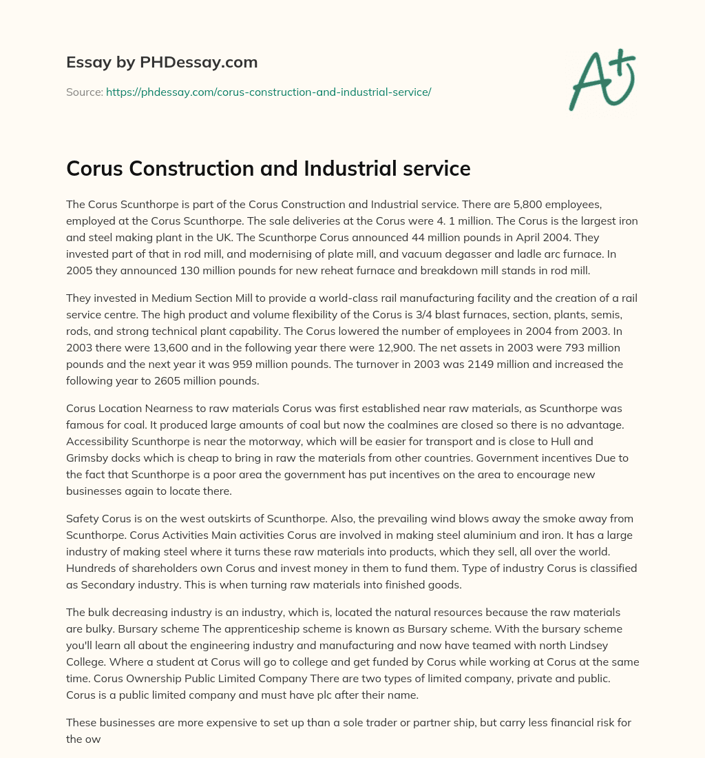 Corus Construction and Industrial service essay